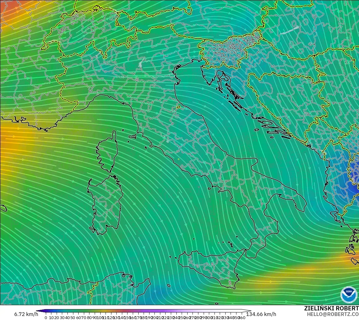 GFS modelo - Italia, Viento a 300 hPa (corriente en chorro)