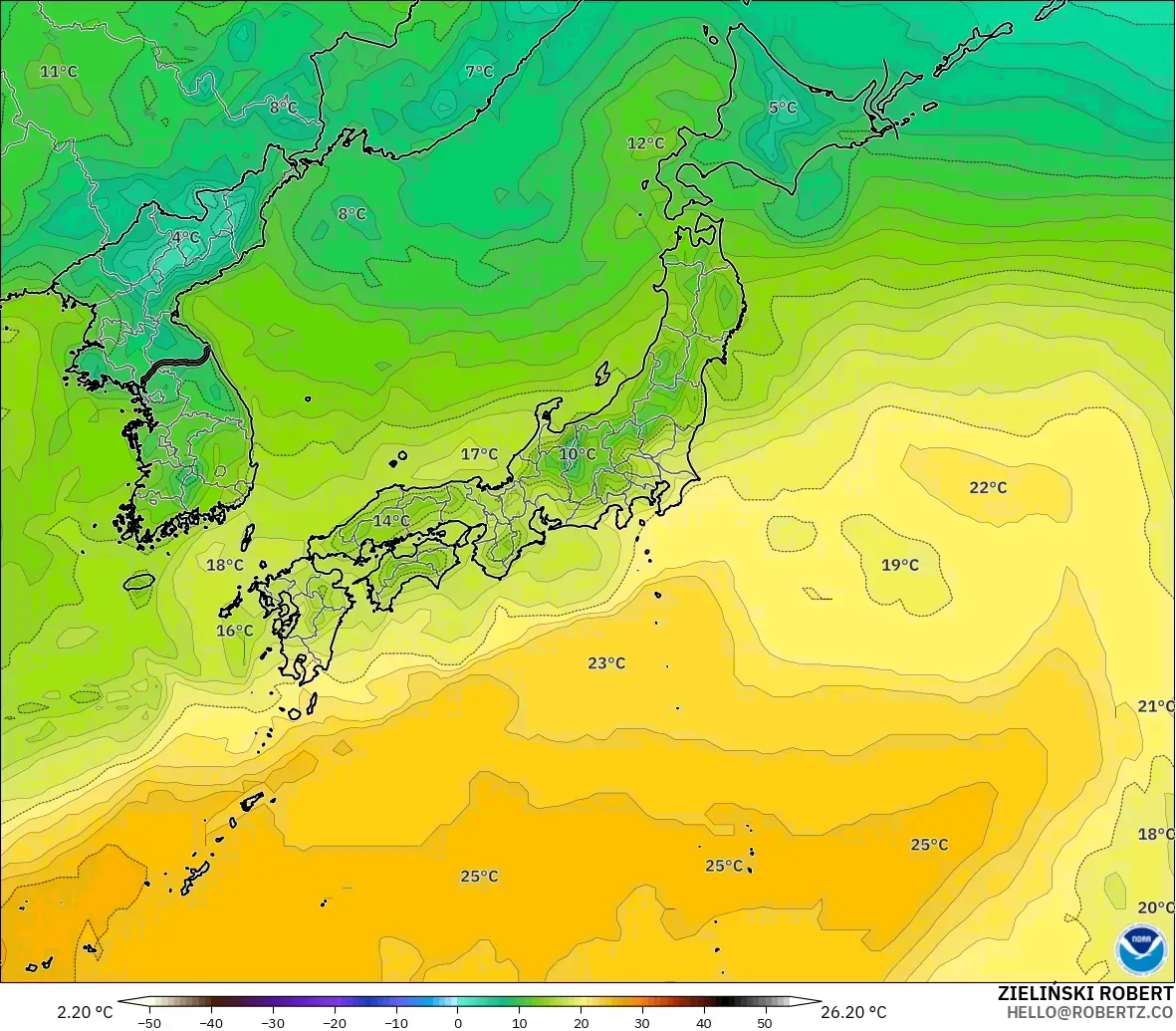 GFS modelo - Japón, Punto de rocío a 2 m