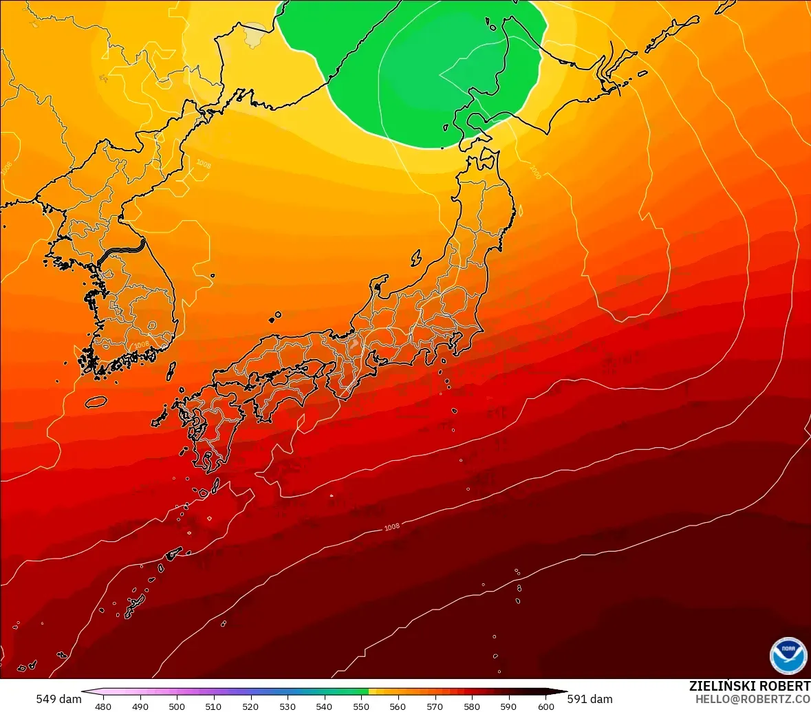 GFS modelo - Japón, Altura geopotencial a 500 hPa
