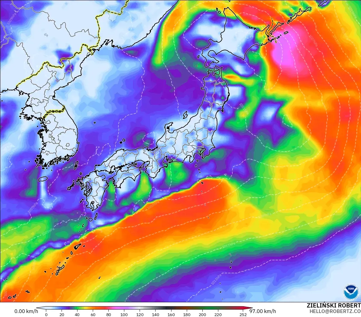 GFS modelo - Japón, Ráfagas de Viento Máximas