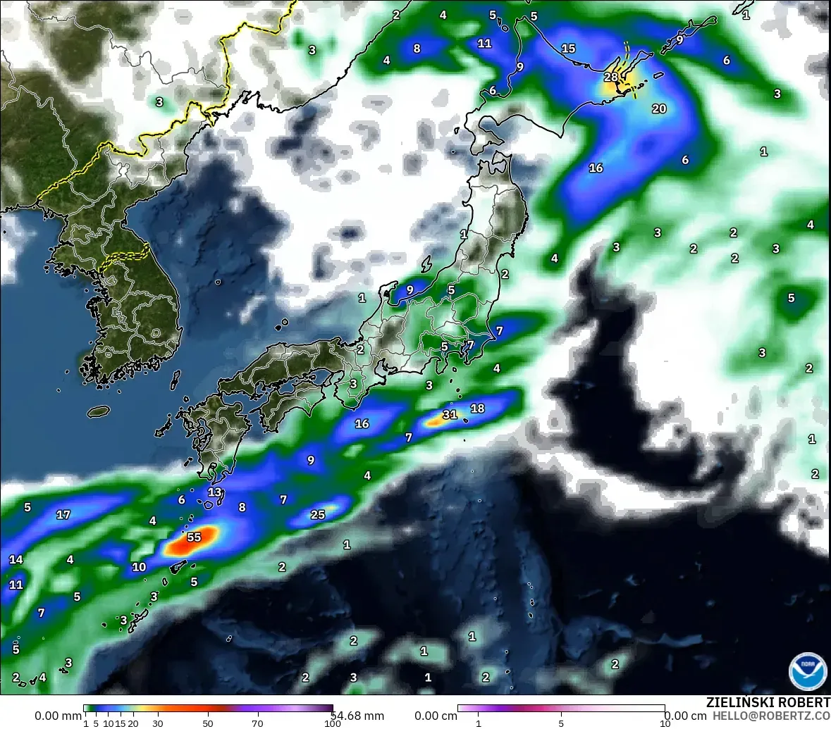 GFS modelo - Japón, Precipitación, nubes y presión