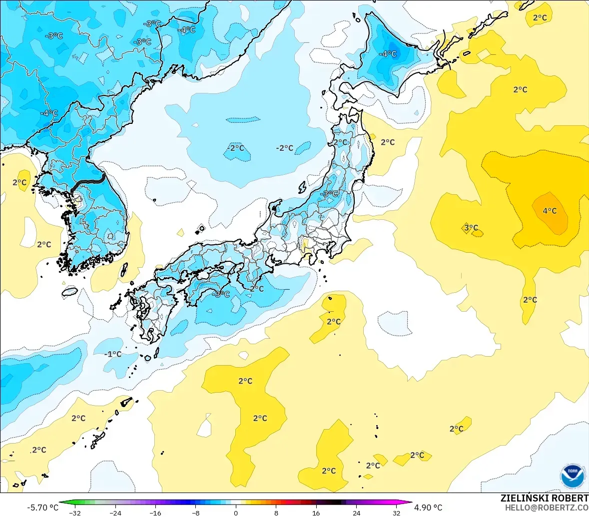 GFS modelo - Japón, Anomalía de temperatura a 2 m