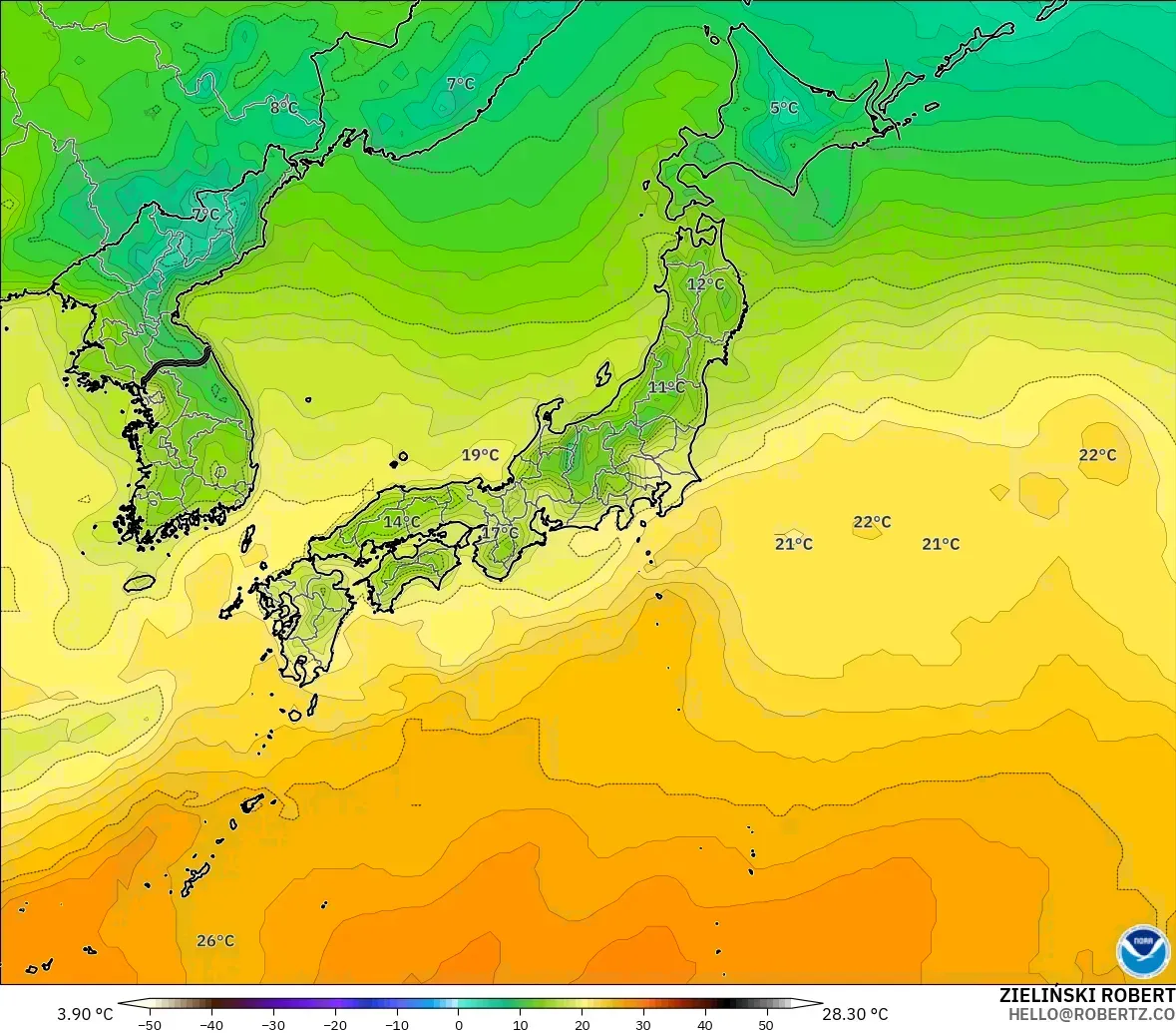 GFS modelo - Japón, Temperatura a 2 m