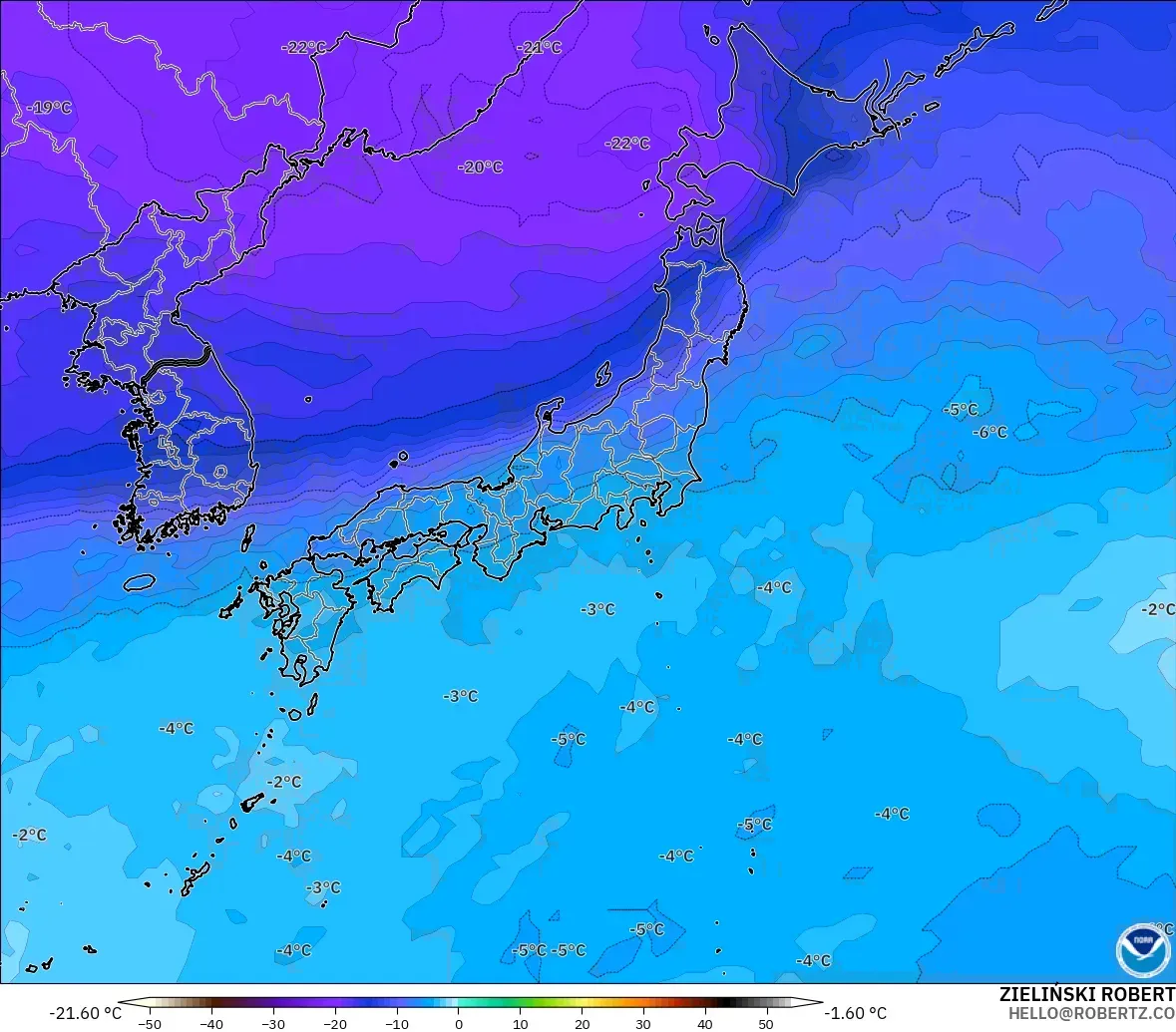 GFS modelo - Japón, Temperatura a 500 hPa