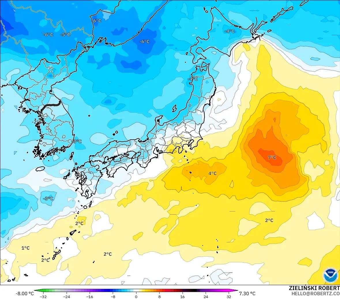 GFS modelo - Japón, Anomalía de temperatura a 850 hPa