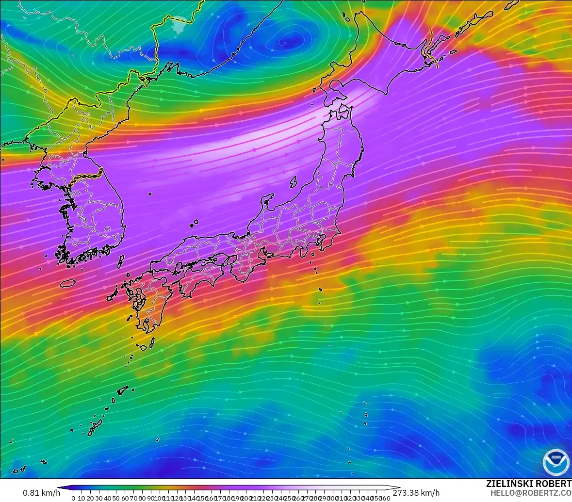 GFS modelo - Japón, Viento a 300 hPa (corriente en chorro)