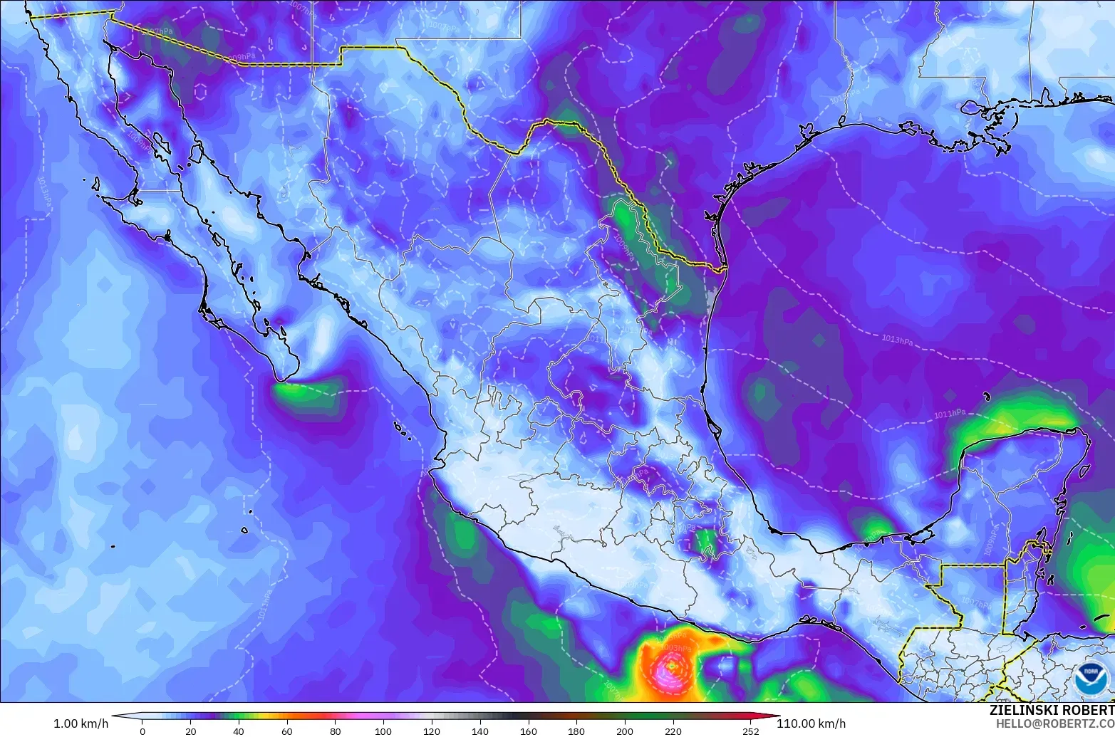 GFS modelo - México, Ráfagas de viento