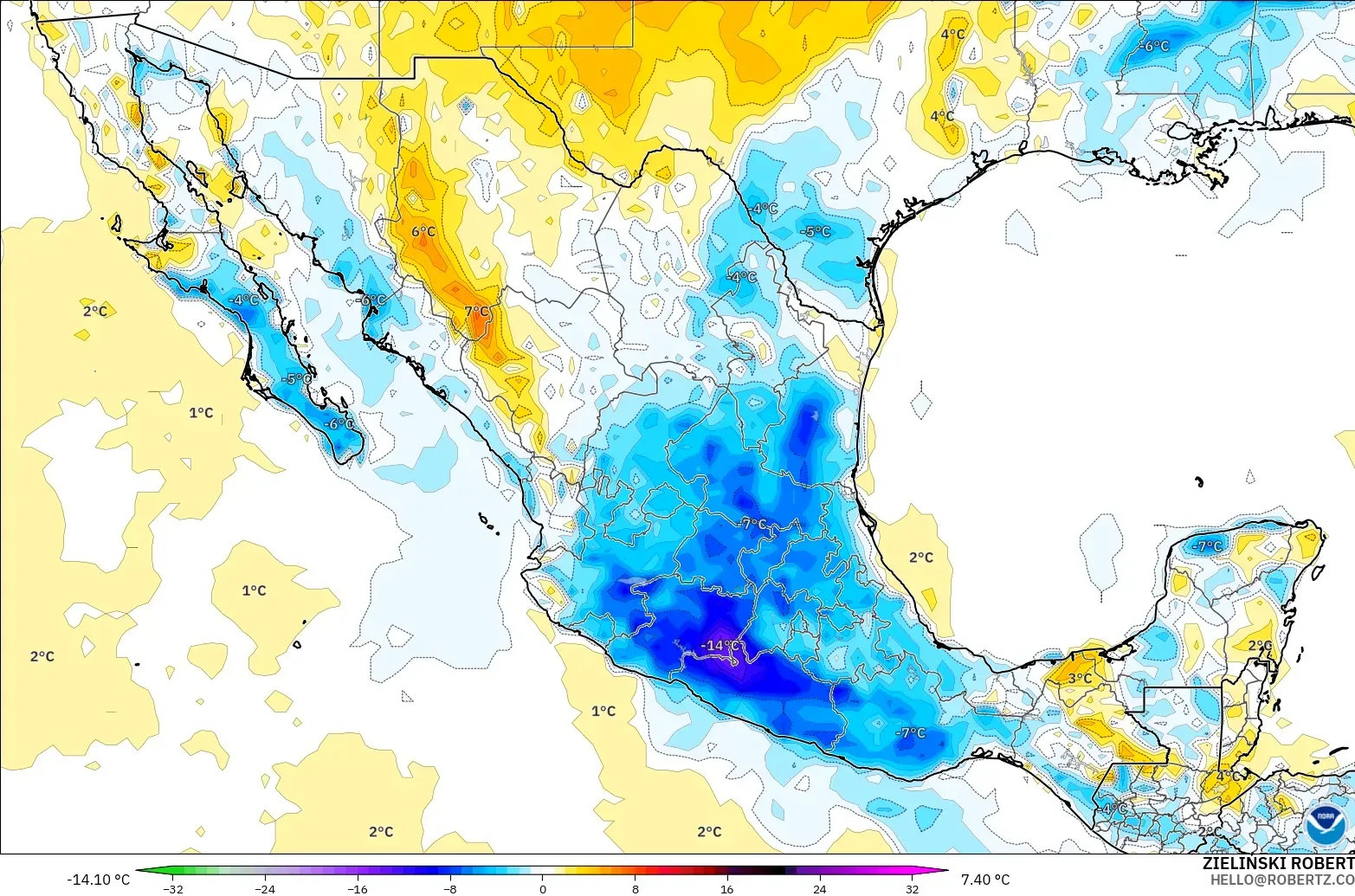 GFS modelo - México, Anomalía de temperatura a 2 m