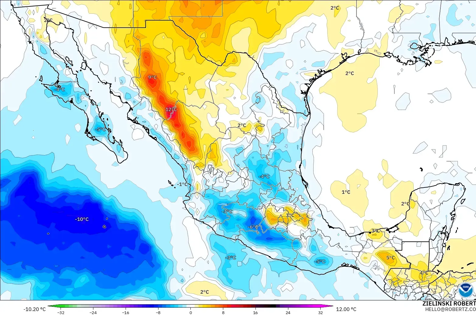 GFS modelo - México, Anomalía de temperatura a 850 hPa