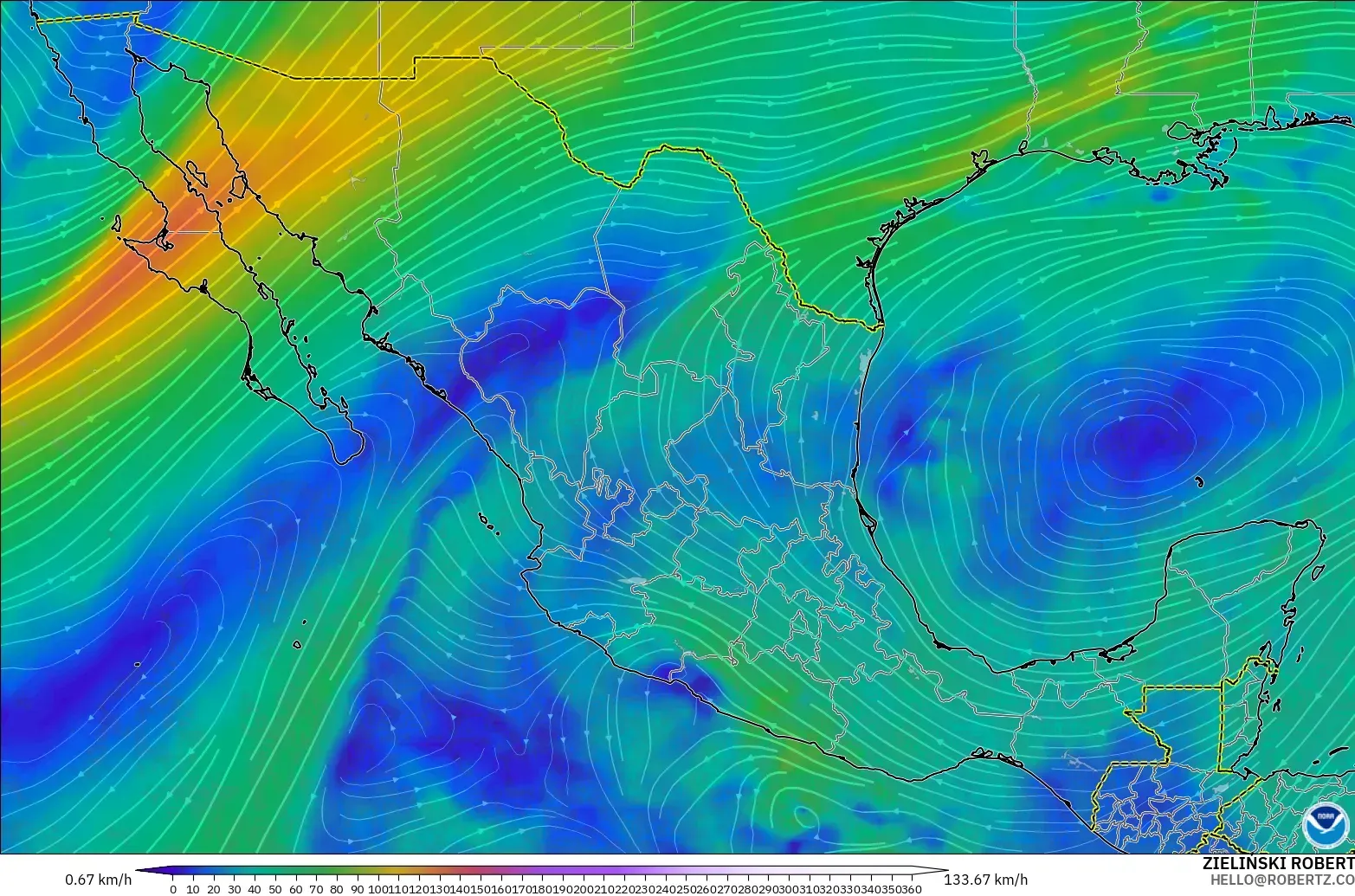 GFS modelo - México, Viento a 300 hPa (corriente en chorro)