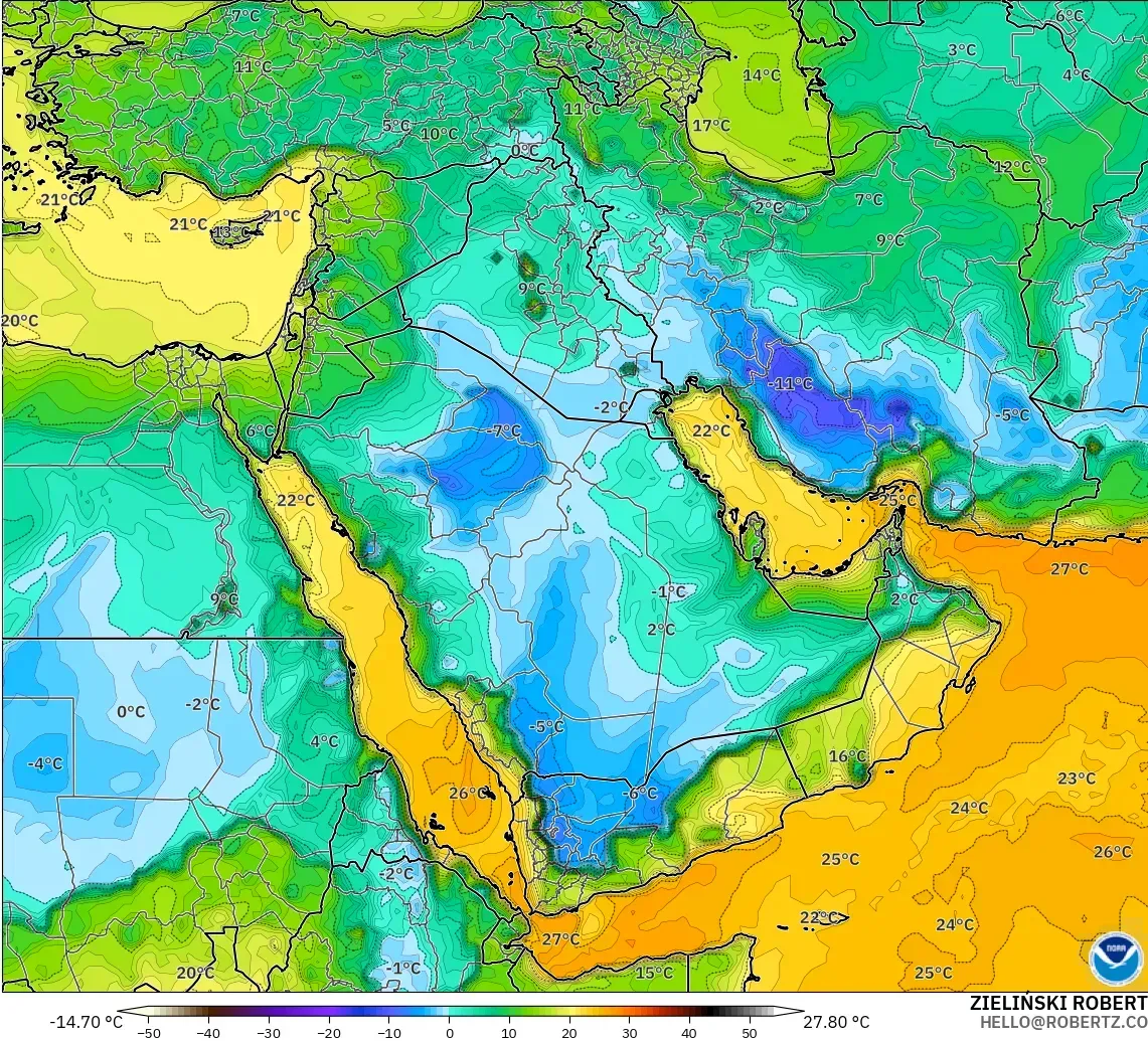 GFS modelo - Oriente Medio, Punto de rocío a 2 m