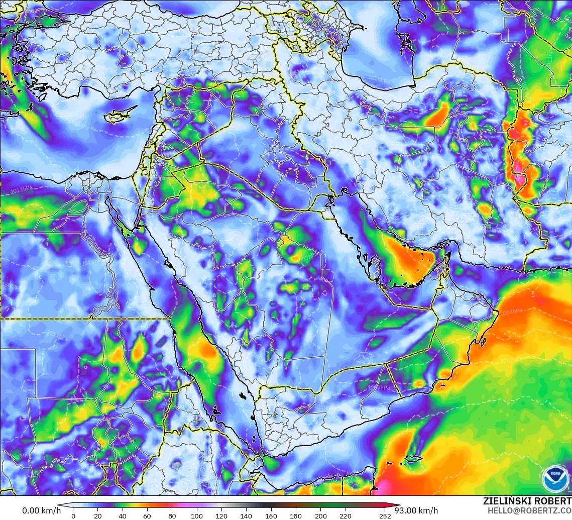GFS modelo - Oriente Medio, Ráfagas de Viento Máximas