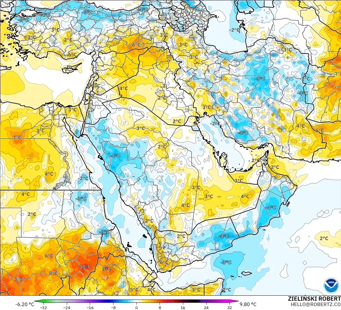 GFS modelo - Oriente Medio, Anomalía de temperatura a 2 m