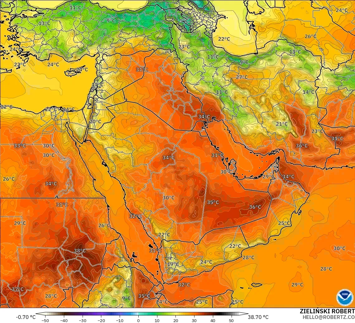 GFS modelo - Oriente Medio, Temperatura a 2 m