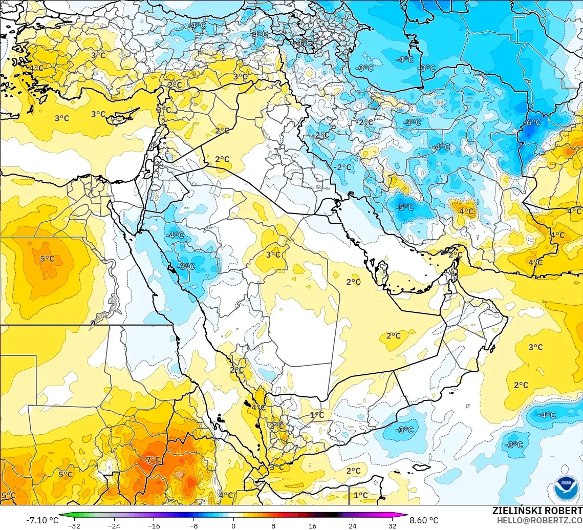 GFS modelo - Oriente Medio, Anomalía de temperatura a 850 hPa