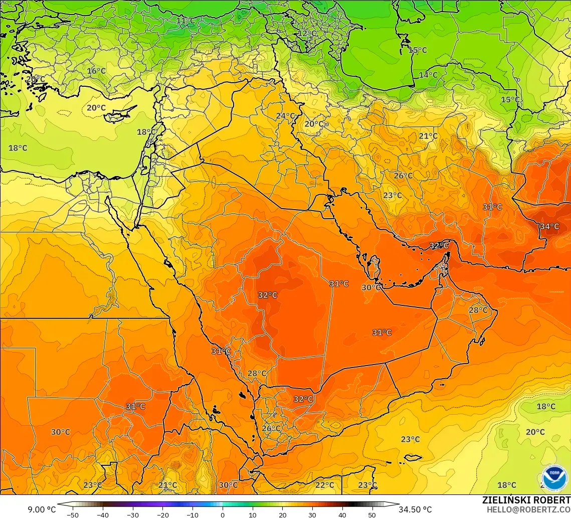 GFS modelo - Oriente Medio, Temperatura a 850 hPa