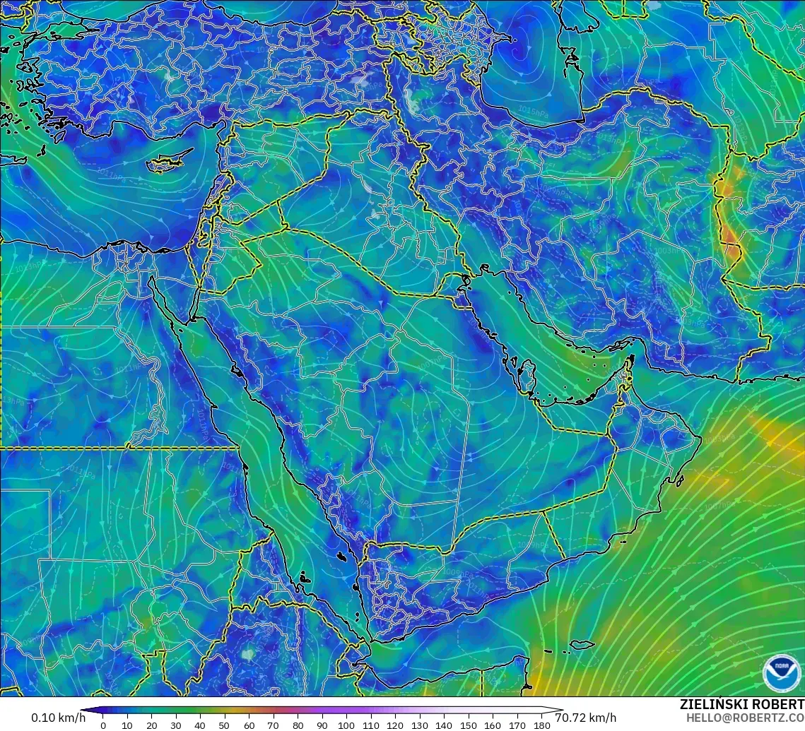 GFS modelo - Oriente Medio, Viento a 10 m