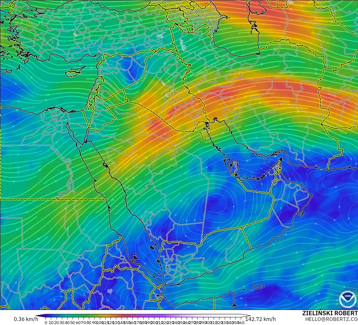 GFS modelo - Oriente Medio, Viento a 300 hPa (corriente en chorro)