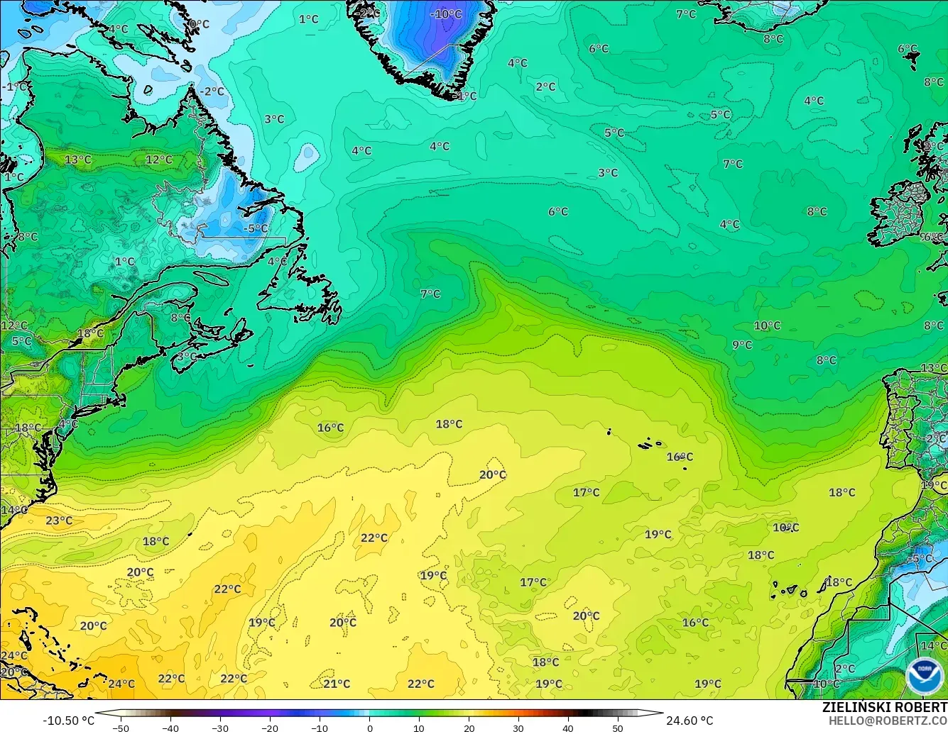 GFS modelo - Norte Atlántico, Punto de rocío a 2 m