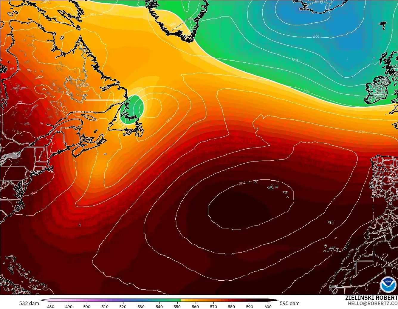 GFS modelo - Norte Atlántico, Altura geopotencial a 500 hPa