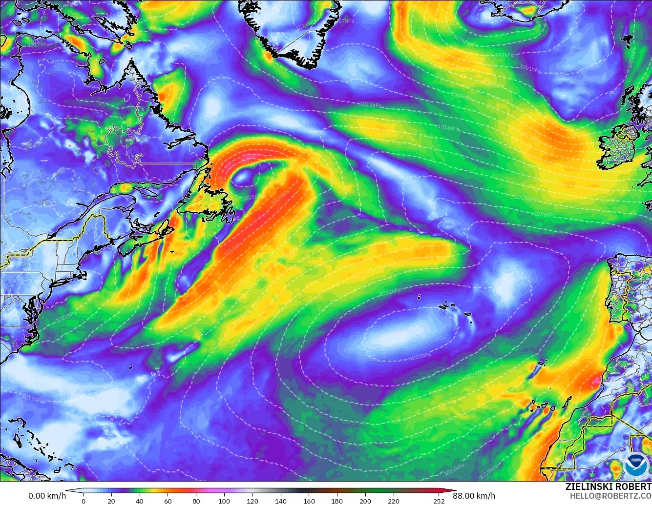 GFS modelo - Norte Atlántico, Ráfagas de viento