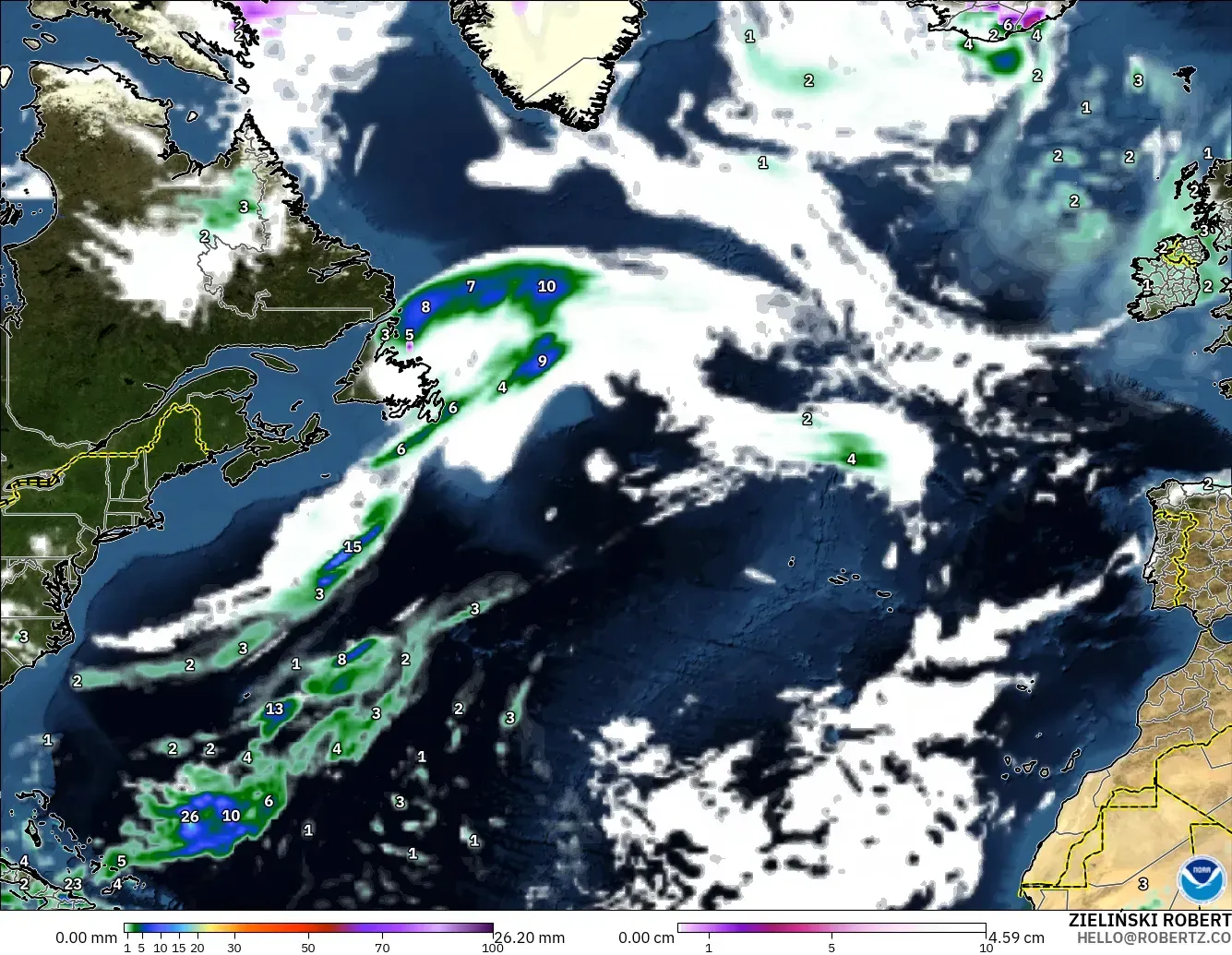 GFS modelo - Norte Atlántico, Precipitación, nubes y presión