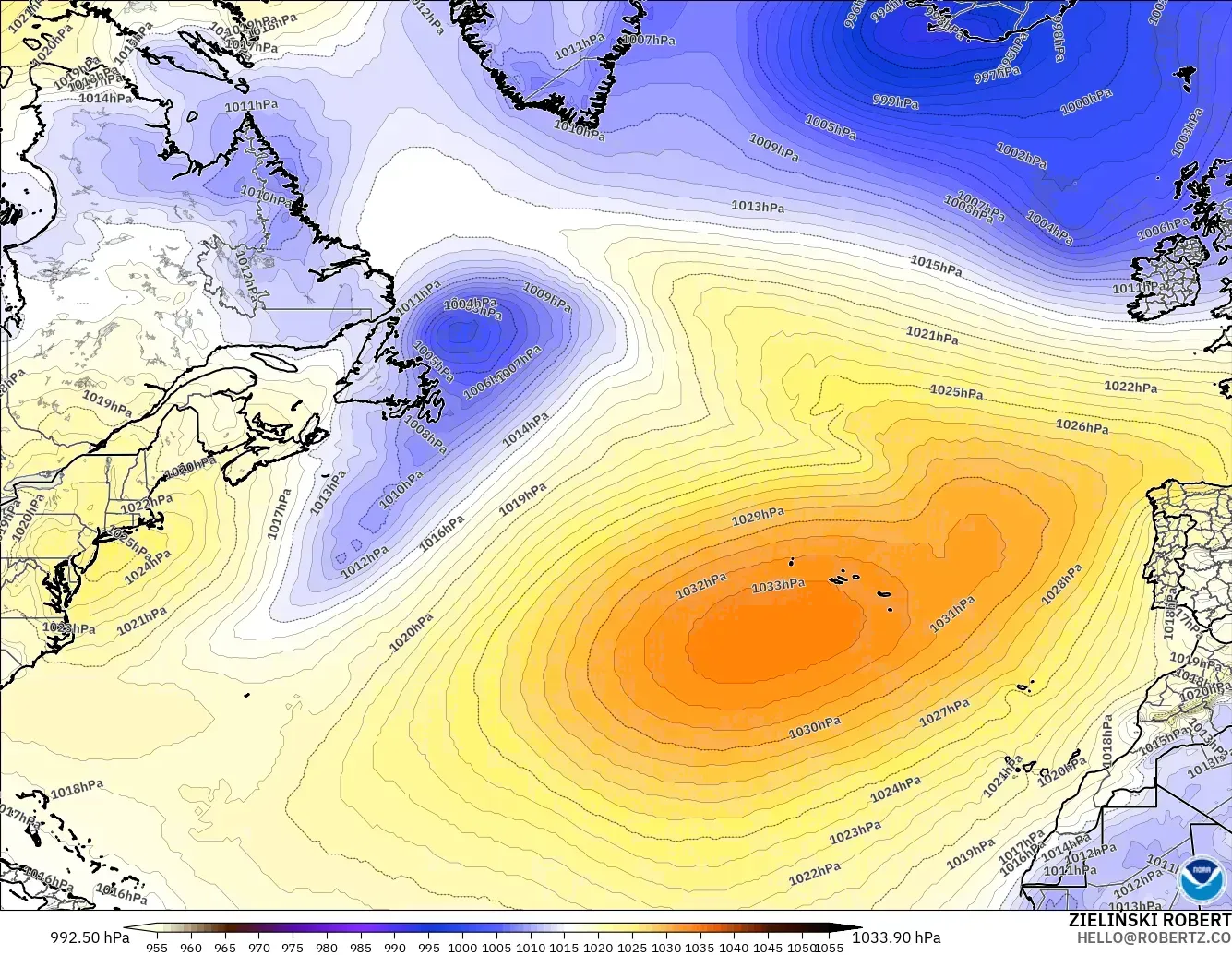 GFS modelo - Norte Atlántico, Presión