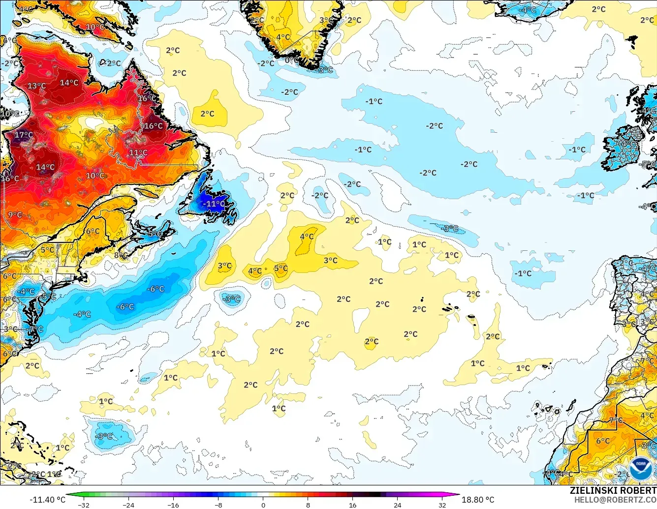 GFS modelo - Norte Atlántico, Anomalía de temperatura a 2 m