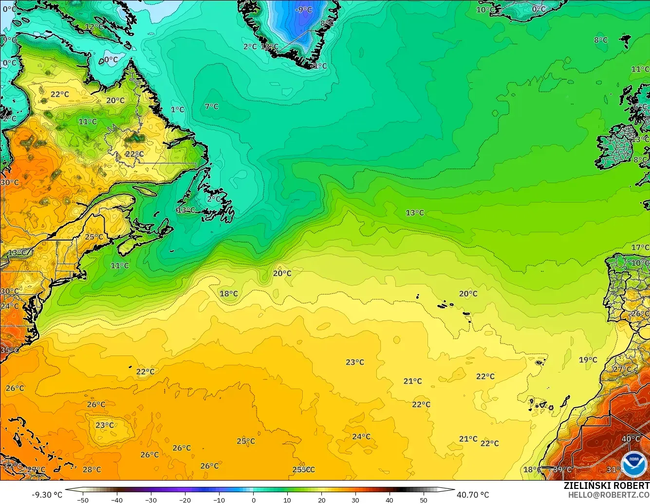 GFS modelo - Norte Atlántico, Temperatura a 2 m
