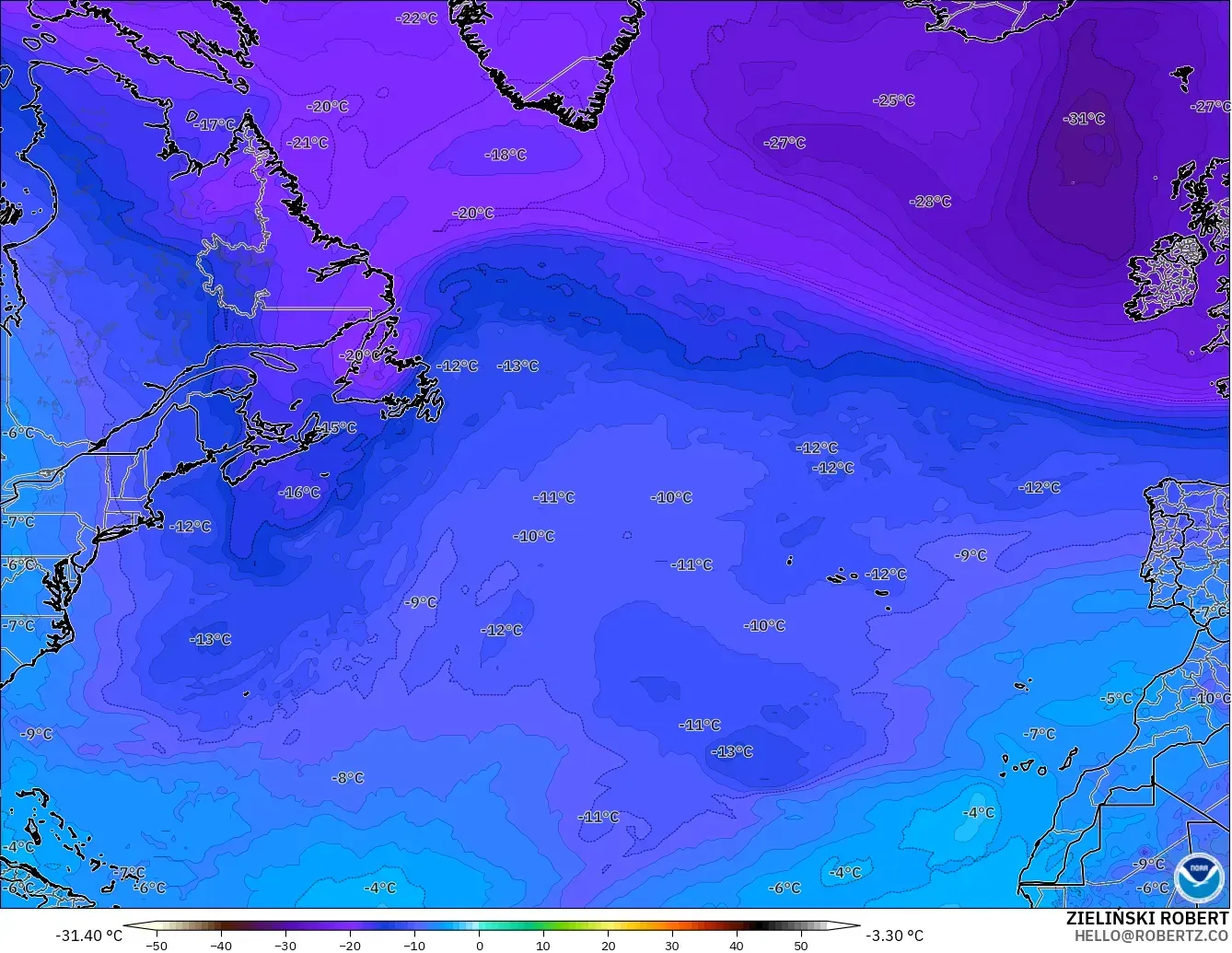 GFS modelo - Norte Atlántico, Temperatura a 500 hPa