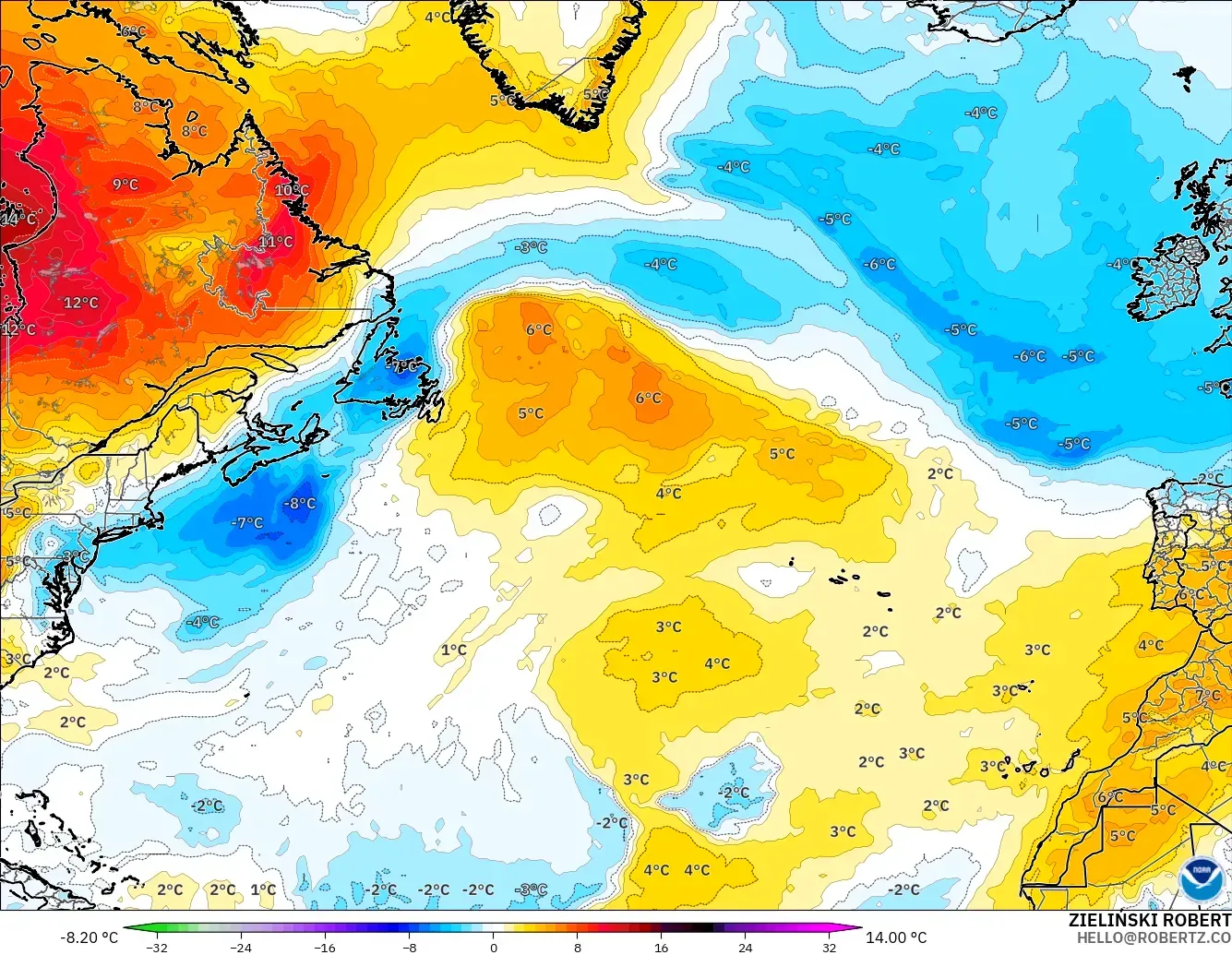 GFS modelo - Norte Atlántico, Anomalía de temperatura a 850 hPa