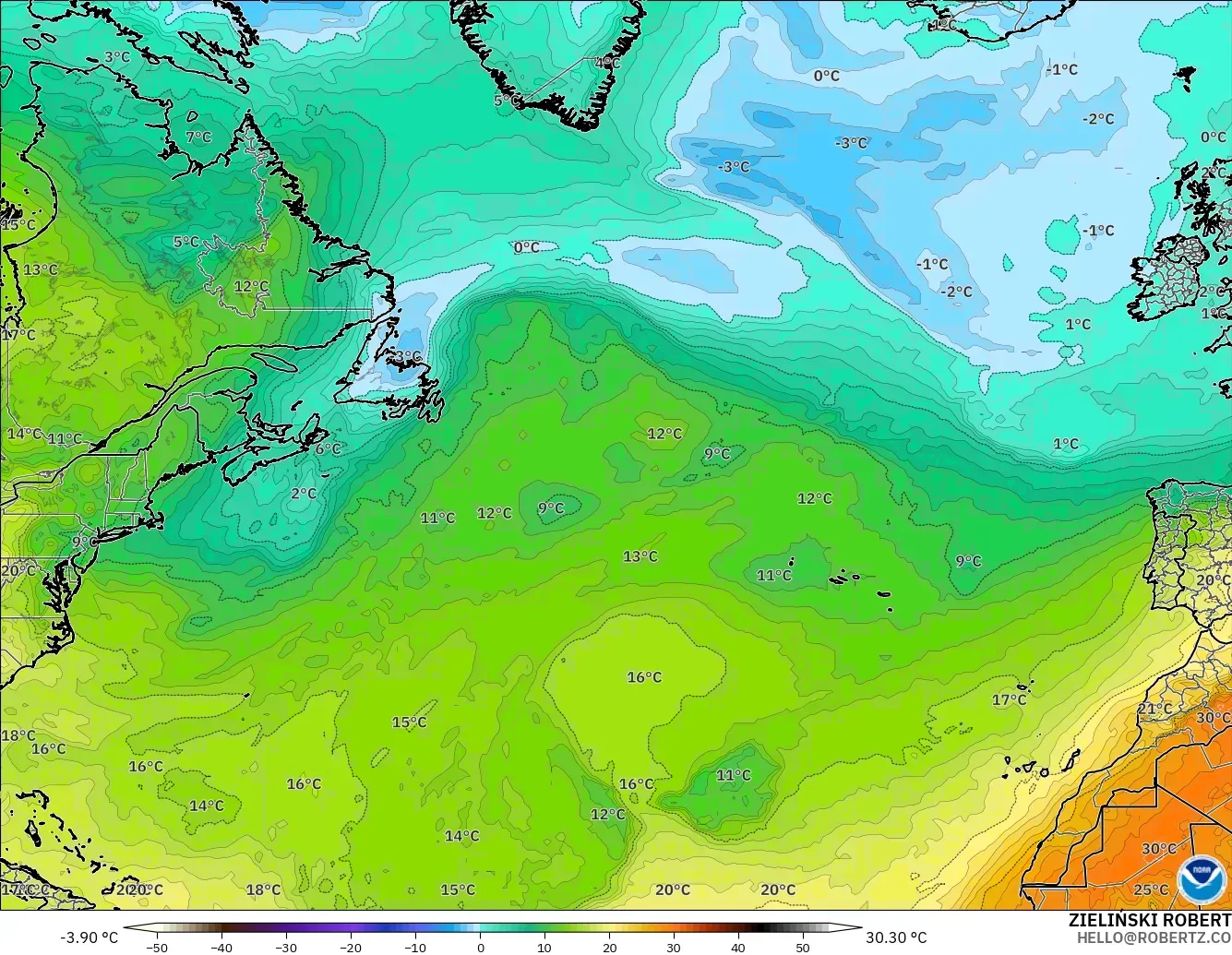 GFS modelo - Norte Atlántico, Temperatura a 850 hPa