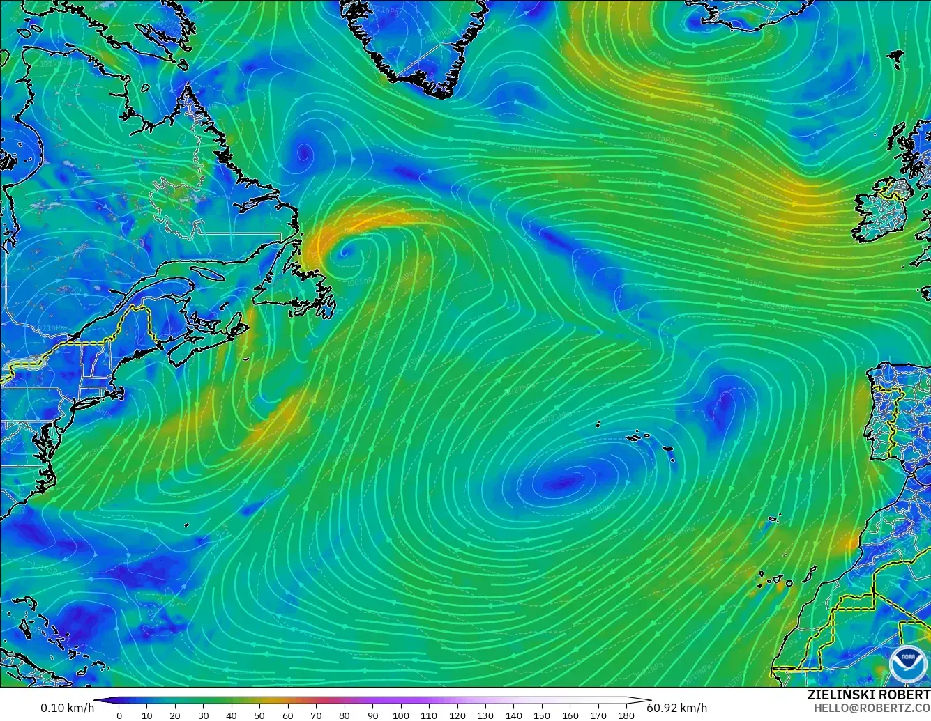 GFS modelo - Norte Atlántico, Viento a 10 m