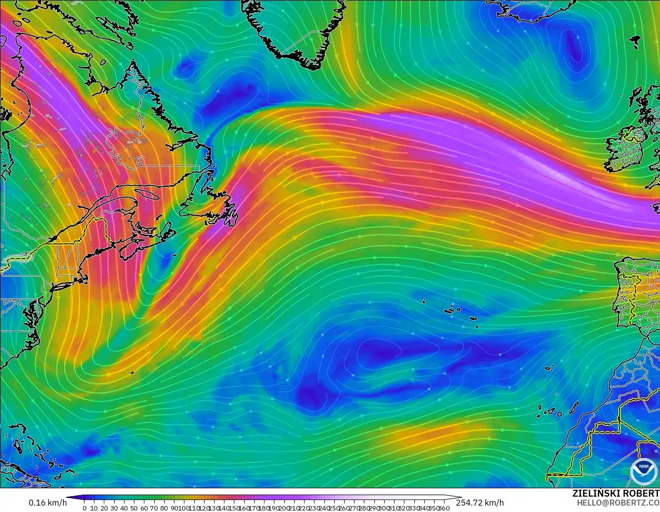 GFS modelo - Norte Atlántico, Viento a 300 hPa (corriente en chorro)