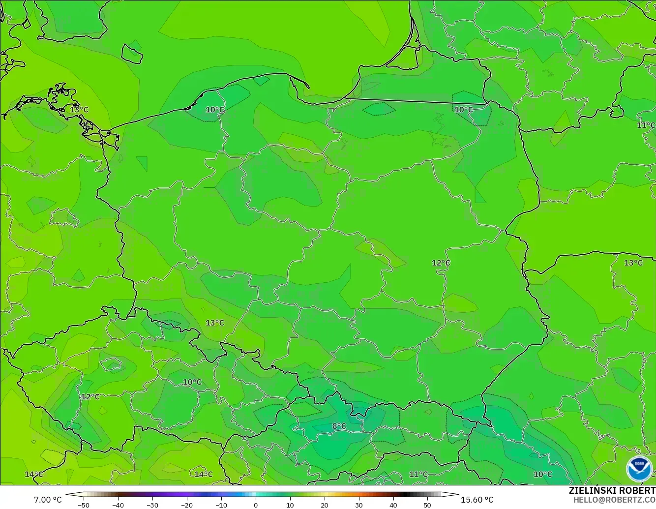 GFS modelo - Polonia, Punto de rocío a 2 m