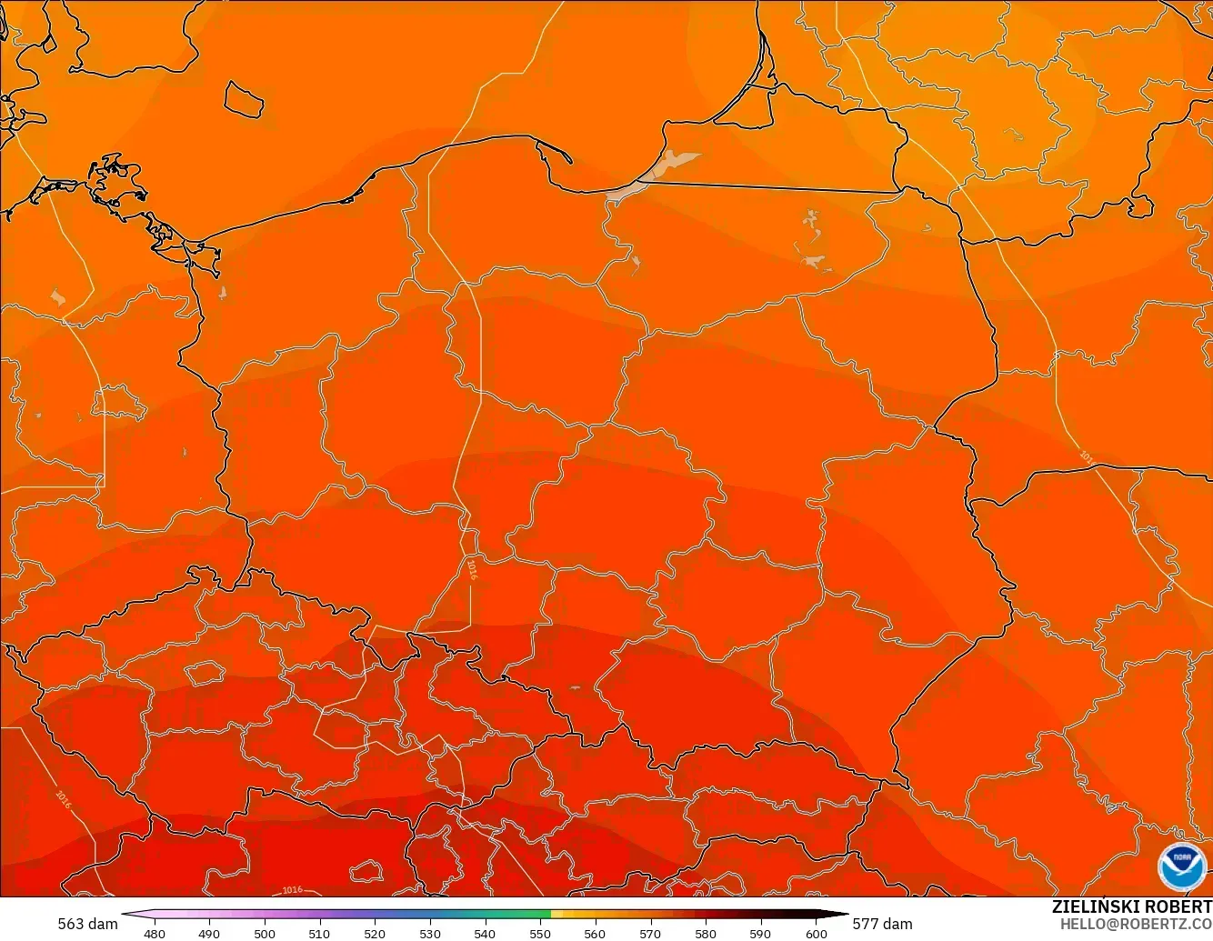 GFS modelo - Polonia, Altura geopotencial a 500 hPa