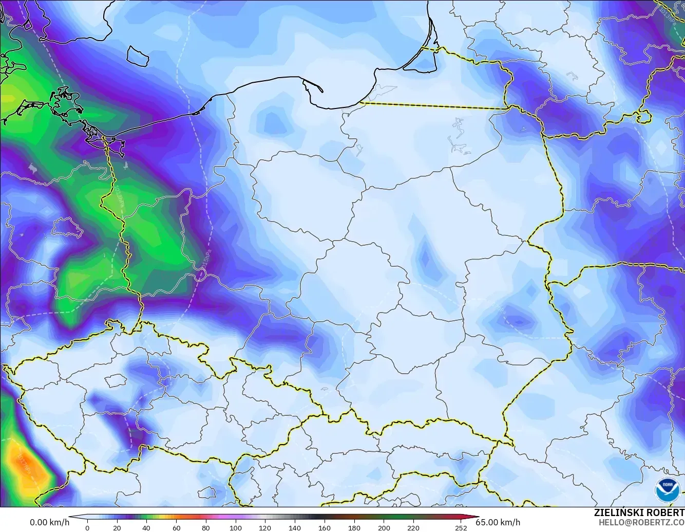 GFS modelo - Polonia, Ráfagas de Viento Máximas