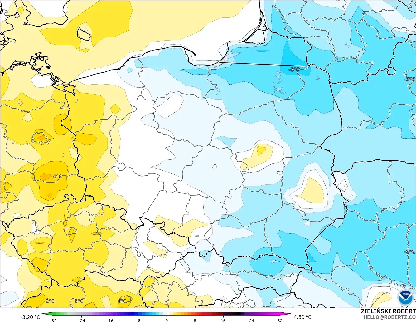 GFS modelo - Polonia, Anomalía de temperatura a 2 m