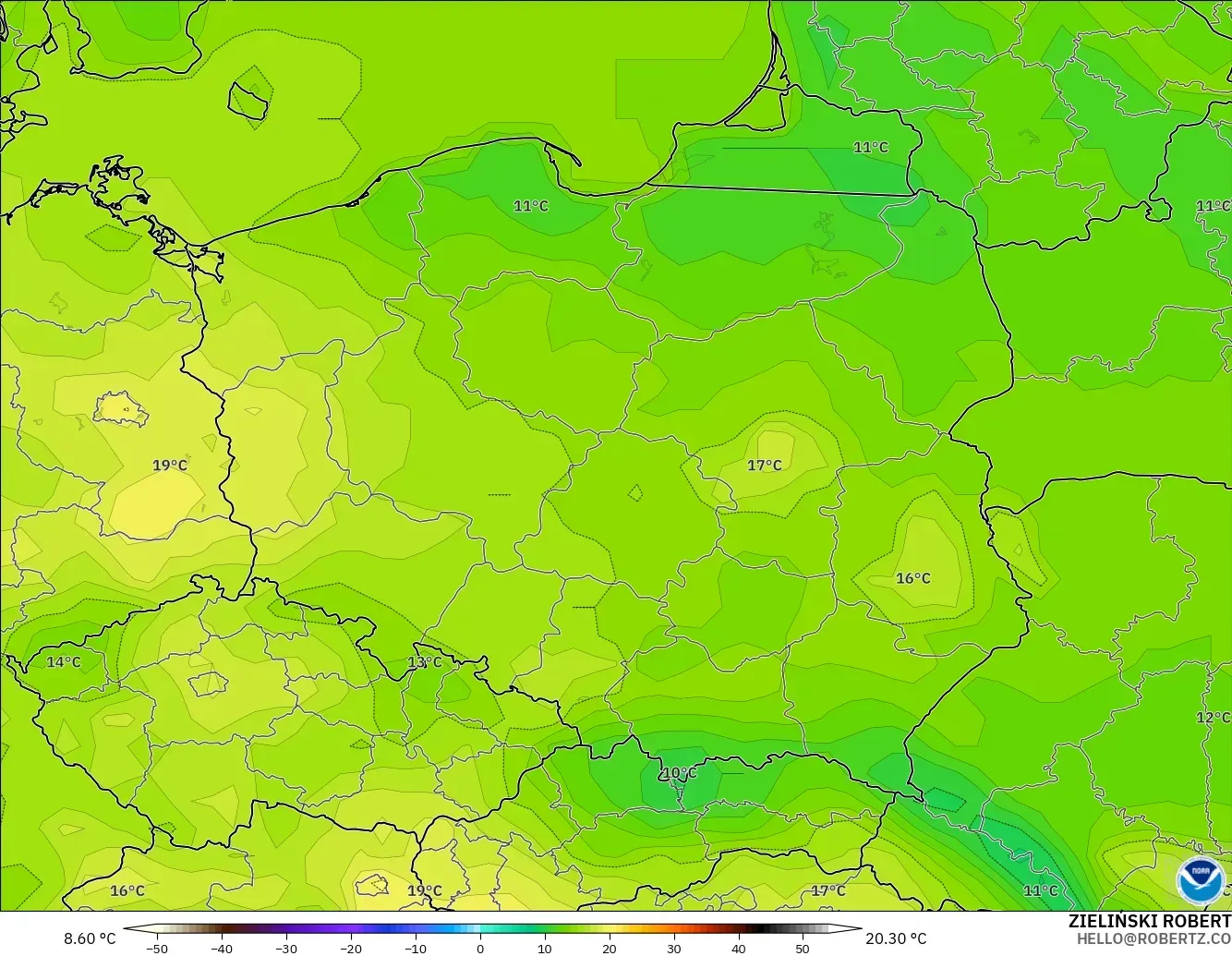 GFS modelo - Polonia, Temperatura a 2 m