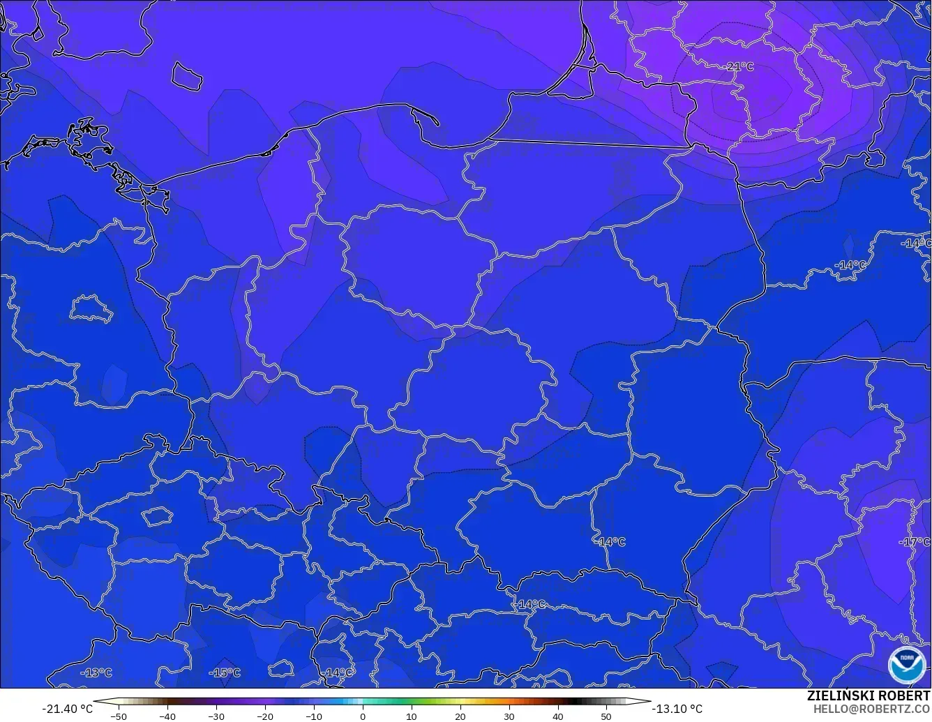 GFS modelo - Polonia, Temperatura a 500 hPa