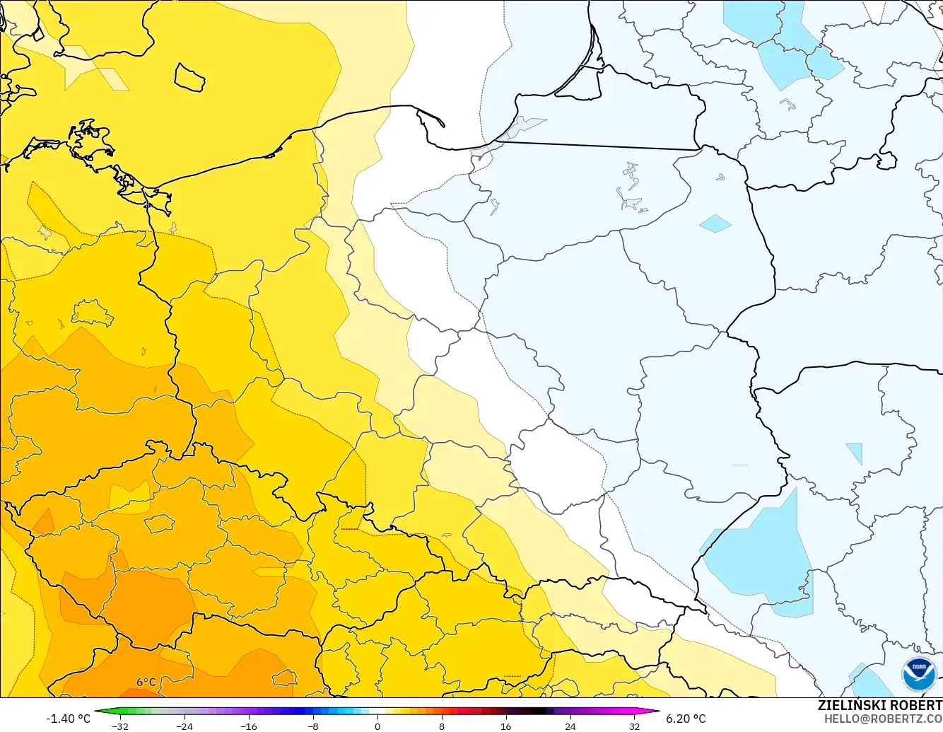 GFS modelo - Polonia, Anomalía de temperatura a 850 hPa