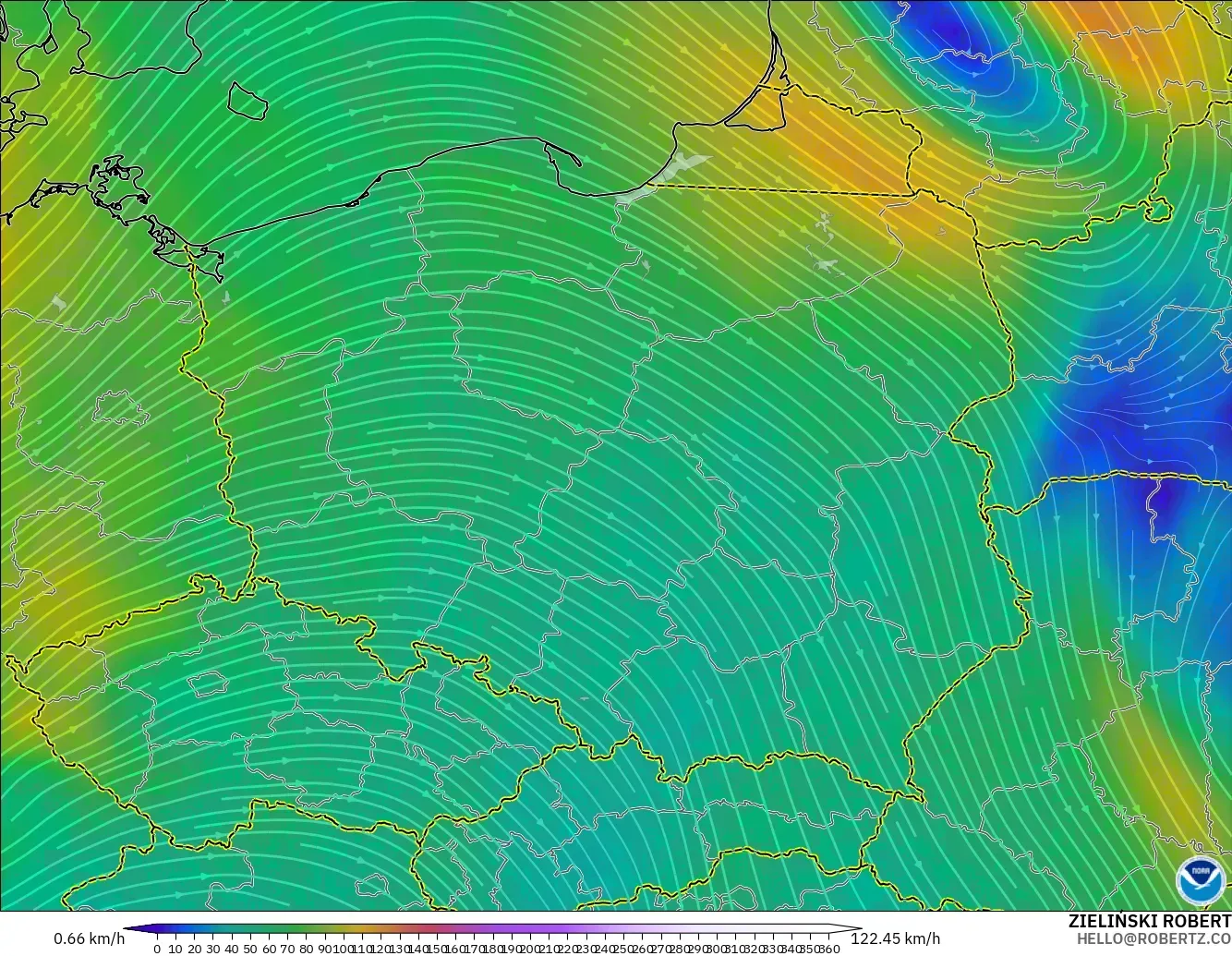 GFS modelo - Polonia, Viento a 300 hPa (corriente en chorro)