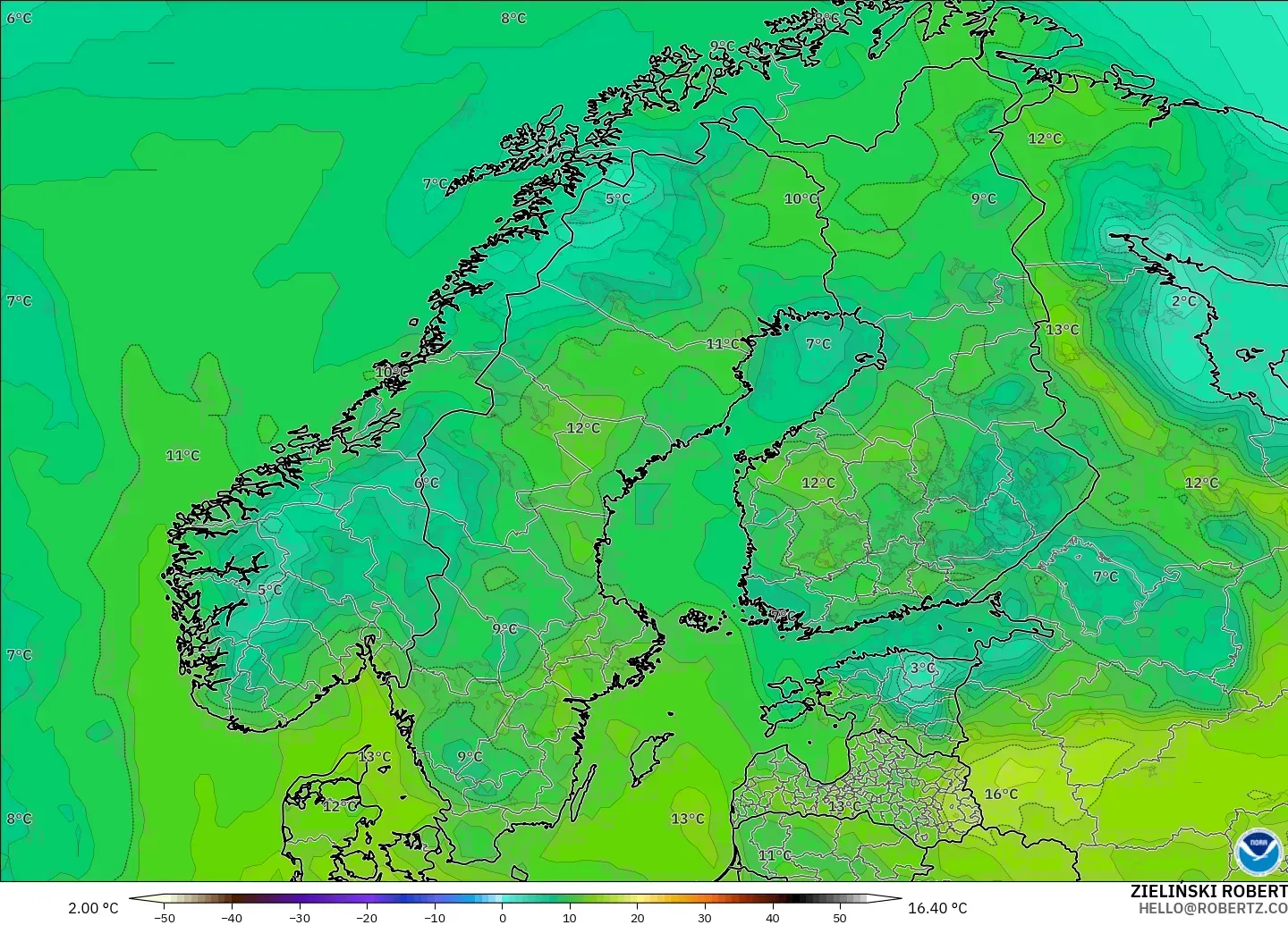 GFS modelo - Escandinavia, Punto de rocío a 2 m