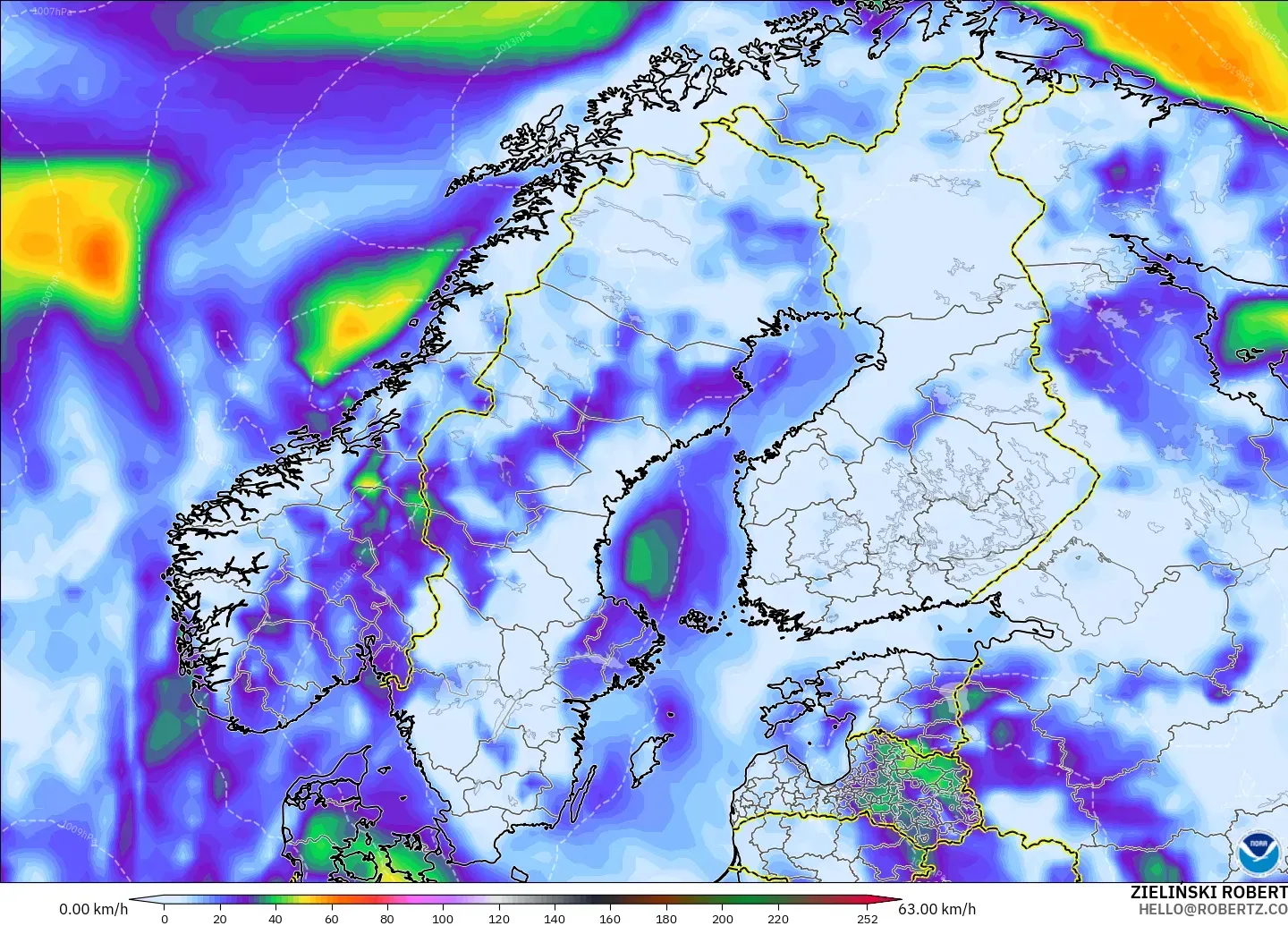 GFS modelo - Escandinavia, Ráfagas de viento