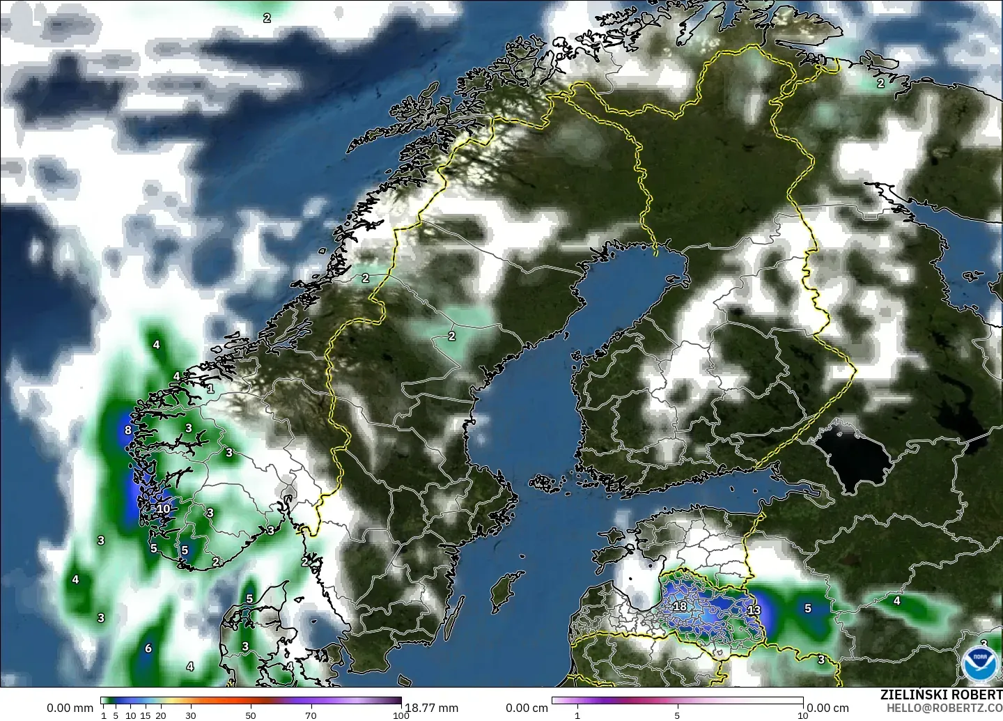 GFS modelo - Escandinavia, Precipitación, nubes y presión