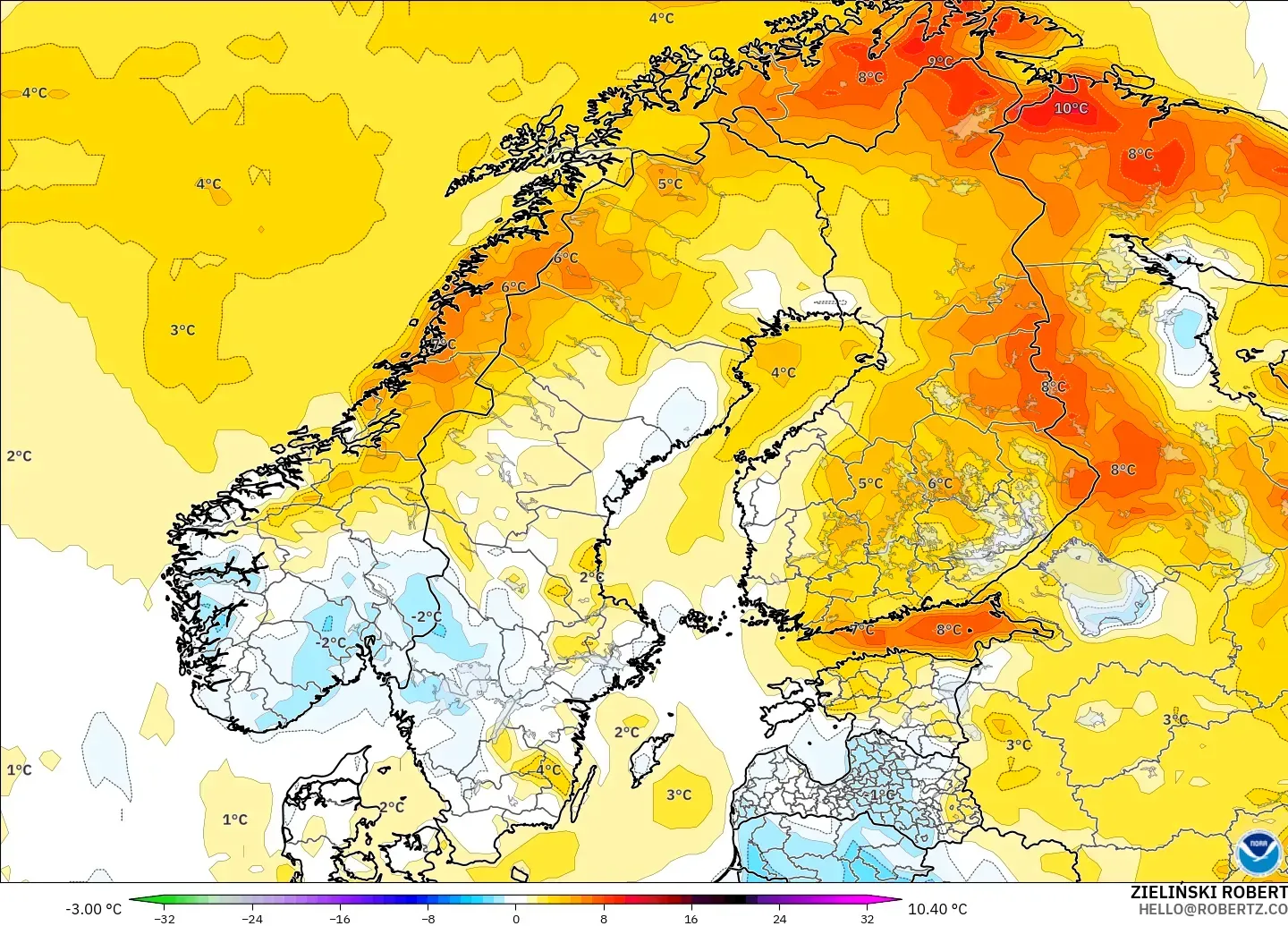 GFS modelo - Escandinavia, Anomalía de temperatura a 2 m