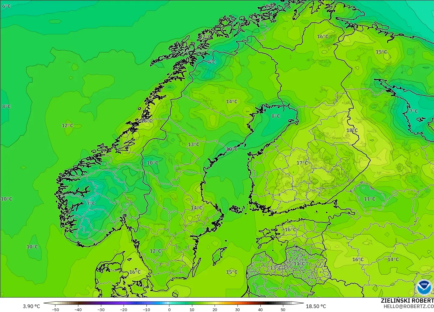 GFS modelo - Escandinavia, Temperatura a 2 m