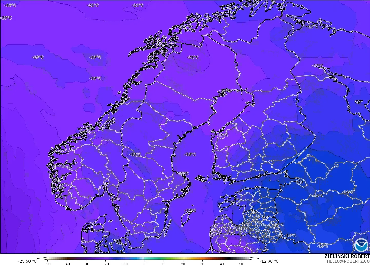 GFS modelo - Escandinavia, Temperatura a 500 hPa
