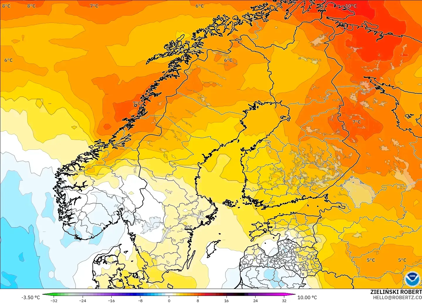 GFS modelo - Escandinavia, Anomalía de temperatura a 850 hPa