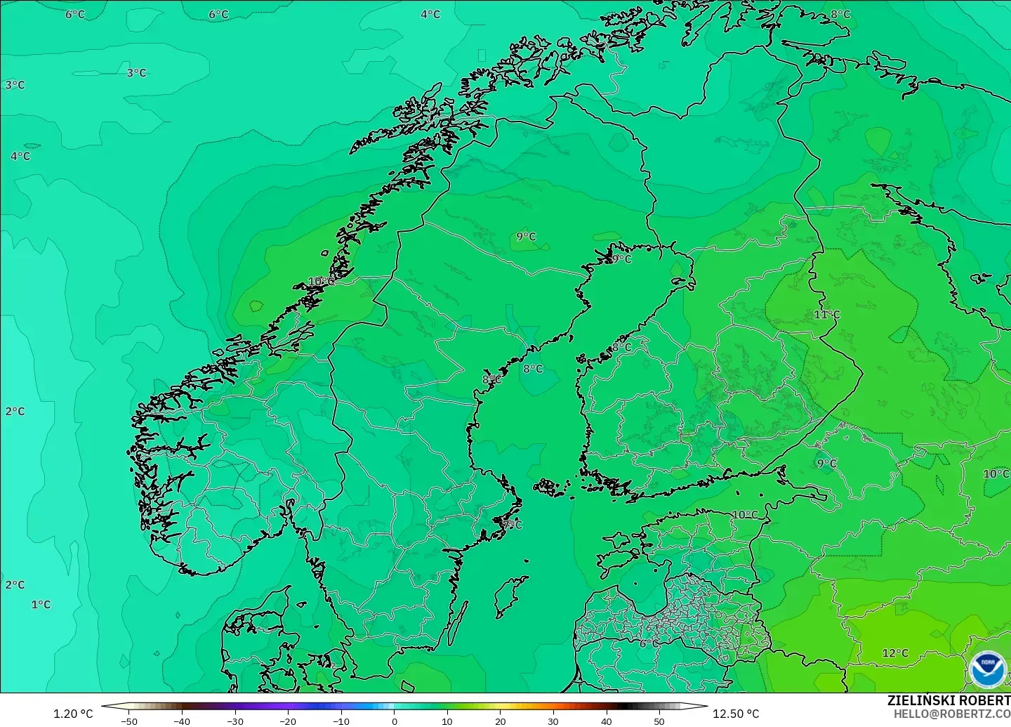 GFS modelo - Escandinavia, Temperatura a 850 hPa
